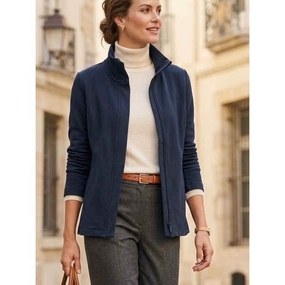 Eileen Fisher Navy Blue Cotton Stretch Zip Up Funnel Neck Jacket Coat Large